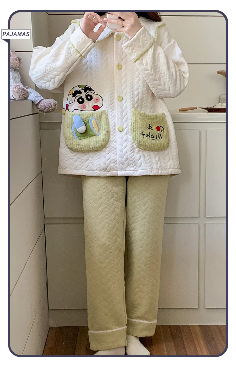 Autumn Winter Women's Pajamas Imitation Cotton Air Layer Round Neck Cardigan Cute Korean Style Print Loungewear Set · Wholesale · OEM · Worldwide Shipping - Detail 26