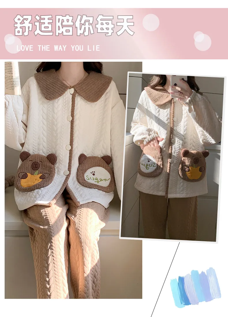 Autumn Winter Women's Pajamas Imitation Cotton Air Layer Round Neck Cardigan Cute Korean Style Print Loungewear Set · Wholesale · OEM · Worldwide Shipping - Detail 19