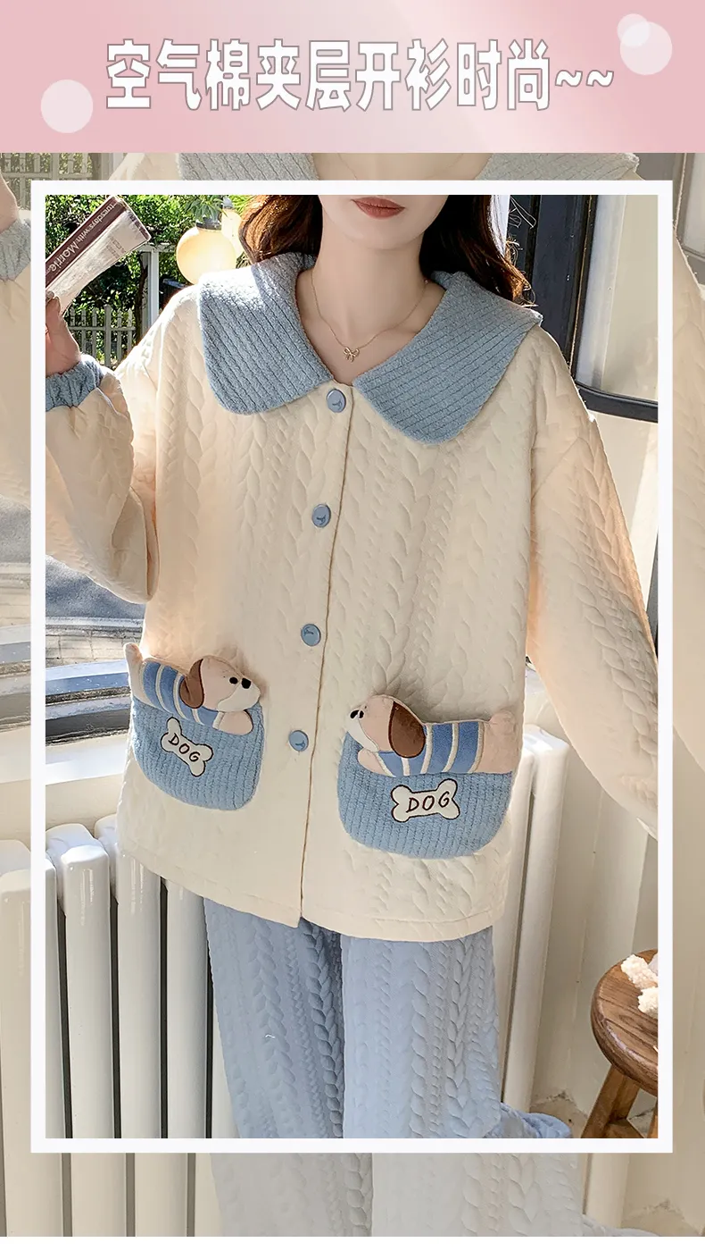 Autumn Winter Women's Pajamas Imitation Cotton Air Layer Round Neck Cardigan Cute Korean Style Print Loungewear Set · Wholesale · OEM · Worldwide Shipping - Detail 7
