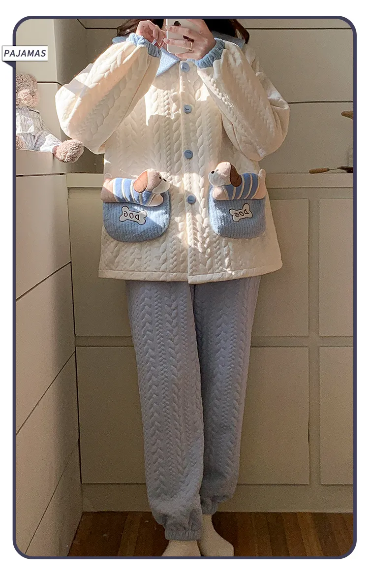 Autumn Winter Women's Pajamas Imitation Cotton Air Layer Round Neck Cardigan Cute Korean Style Print Loungewear Set · Wholesale · OEM · Worldwide Shipping - Detail 14