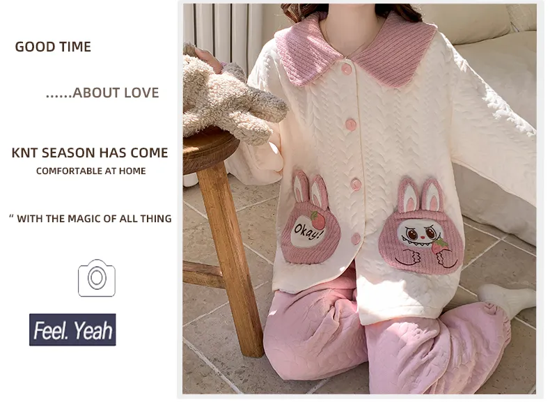 Autumn Winter Women's Pajamas Imitation Cotton Air Layer Round Neck Cardigan Cute Korean Style Print Loungewear Set · Wholesale · OEM · Worldwide Shipping - Detail 28