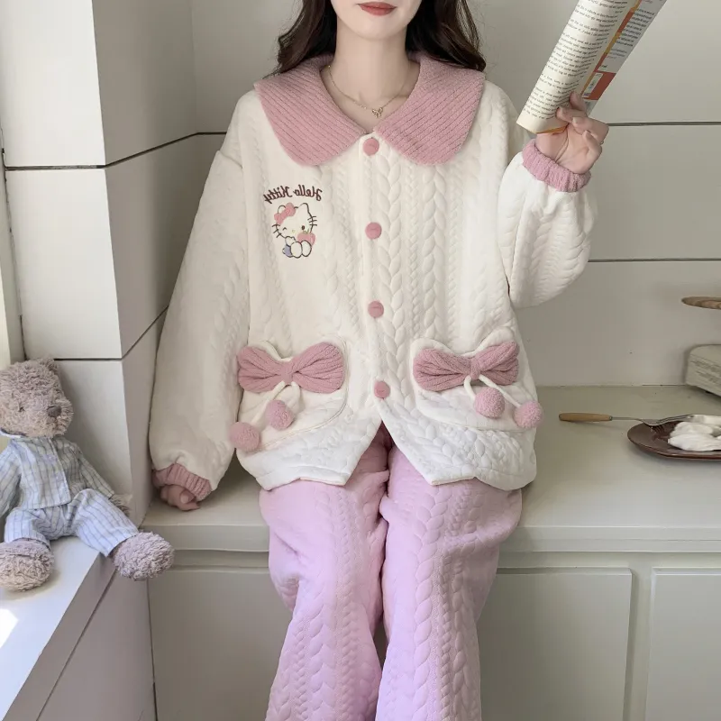 Autumn Winter Women's Pajamas Imitation Cotton Air Layer Round Neck Cardigan Cute Korean Style Print Loungewear Set · Wholesale · OEM · Worldwide Shipping - View 3