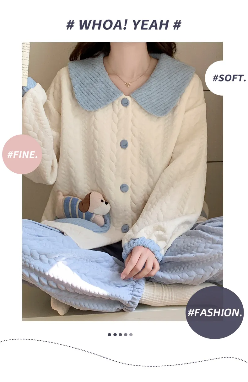 Autumn Winter Women's Pajamas Imitation Cotton Air Layer Round Neck Cardigan Cute Korean Style Print Loungewear Set · Wholesale · OEM · Worldwide Shipping - Detail 13