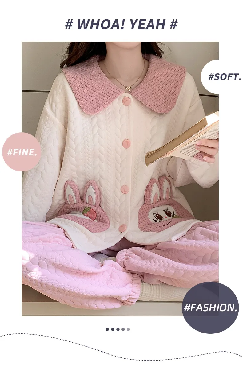 Autumn Winter Women's Pajamas Imitation Cotton Air Layer Round Neck Cardigan Cute Korean Style Print Loungewear Set · Wholesale · OEM · Worldwide Shipping - Detail 29
