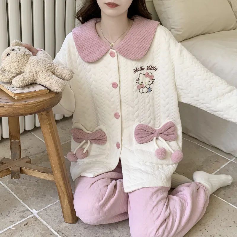 Autumn Winter Women's Pajamas Imitation Cotton Air Layer Round Neck Cardigan Cute Korean Style Print Loungewear Set · Wholesale · OEM · Worldwide Shipping - View 1