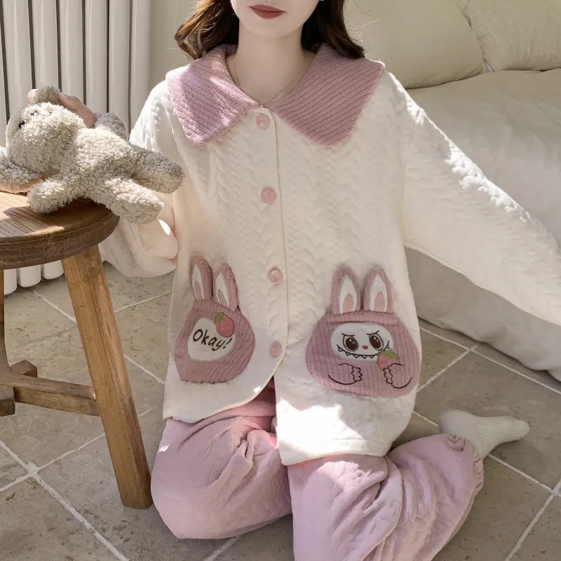 Autumn Winter Women's Pajamas Imitation Cotton Air Layer Round Neck Cardigan Cute Korean Style Print Loungewear Set · Wholesale · OEM · Worldwide Shipping - Detail 4