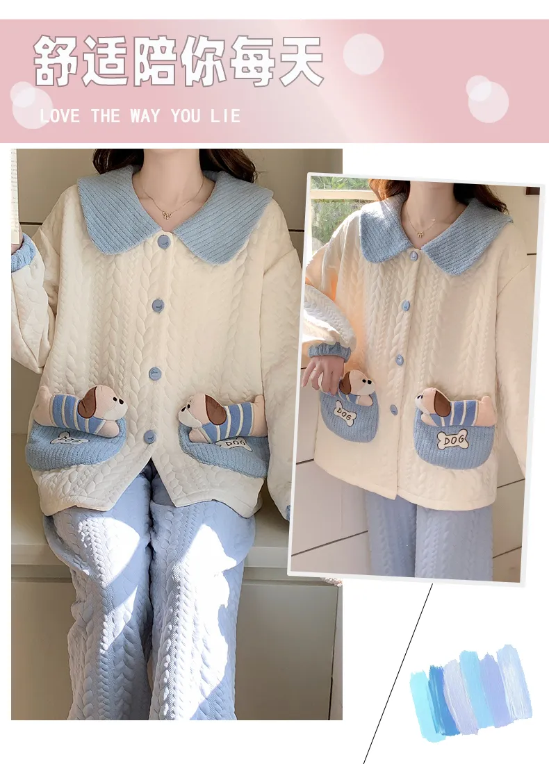 Autumn Winter Women's Pajamas Imitation Cotton Air Layer Round Neck Cardigan Cute Korean Style Print Loungewear Set · Wholesale · OEM · Worldwide Shipping - Detail 11
