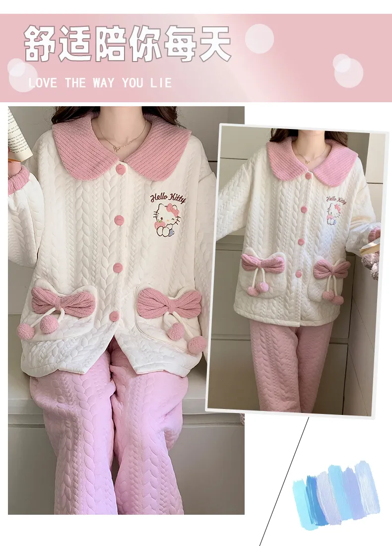 Autumn Winter Women's Pajamas Imitation Cotton Air Layer Round Neck Cardigan Cute Korean Style Print Loungewear Set · Wholesale · OEM · Worldwide Shipping - Detail 15