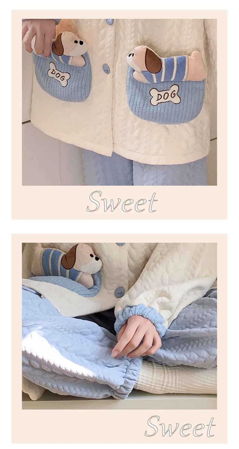 Autumn Winter Women's Pajamas Imitation Cotton Air Layer Round Neck Cardigan Cute Korean Style Print Loungewear Set · Wholesale · OEM · Worldwide Shipping - Detail 9