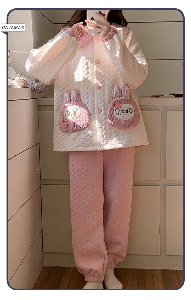 Autumn Winter Women's Pajamas Imitation Cotton Air Layer Round Neck Cardigan Cute Korean Style Print Loungewear Set · Wholesale · OEM · Worldwide Shipping - Detail 30