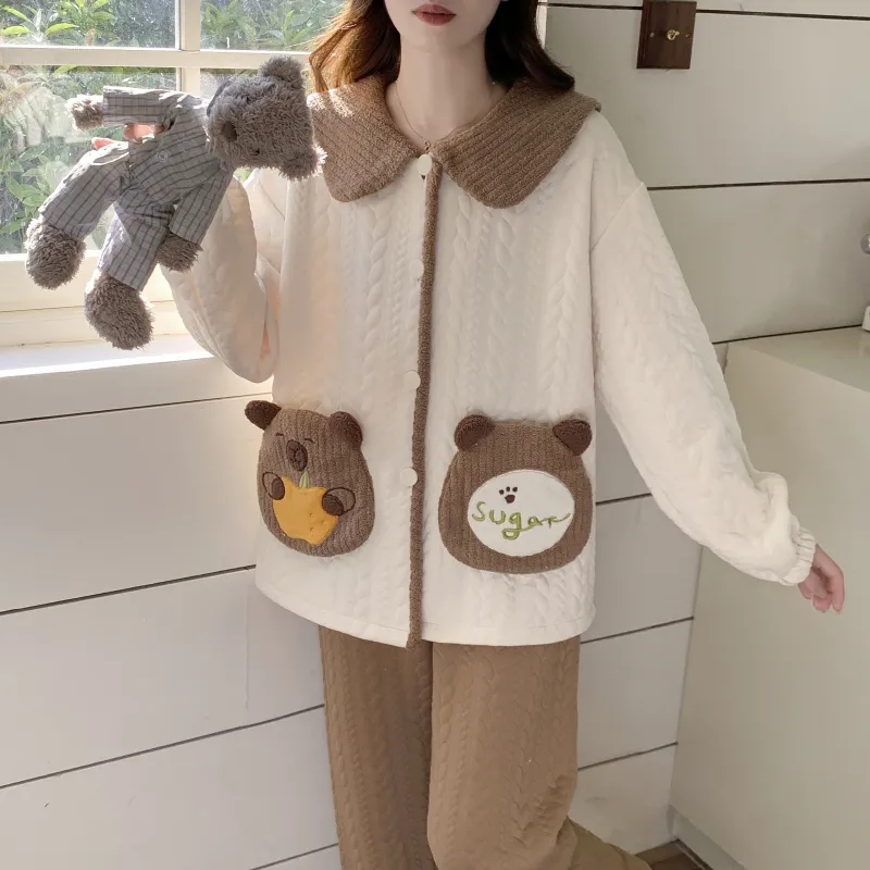 Autumn Winter Women's Pajamas Imitation Cotton Air Layer Round Neck Cardigan Cute Korean Style Print Loungewear Set · Wholesale · OEM · Worldwide Shipping - Detail 2