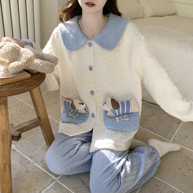 Autumn Winter Women's Pajamas Imitation Cotton Air Layer Round Neck Cardigan Cute Korean Style Print Loungewear Set · Wholesale · OEM · Worldwide Shipping - Detail 1