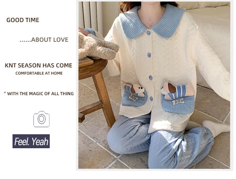 Autumn Winter Women's Pajamas Imitation Cotton Air Layer Round Neck Cardigan Cute Korean Style Print Loungewear Set · Wholesale · OEM · Worldwide Shipping - Detail 12