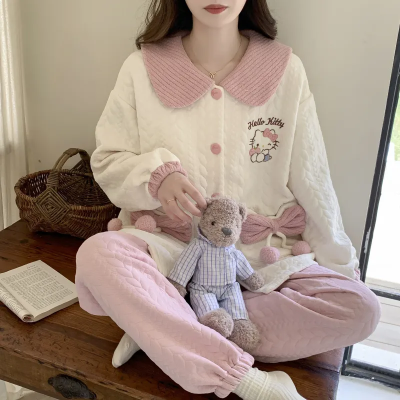Autumn Winter Women's Pajamas Imitation Cotton Air Layer Round Neck Cardigan Cute Korean Style Print Loungewear Set · Wholesale · OEM · Worldwide Shipping