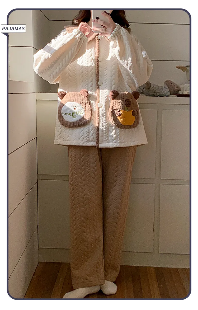 Autumn Winter Women's Pajamas Imitation Cotton Air Layer Round Neck Cardigan Cute Korean Style Print Loungewear Set · Wholesale · OEM · Worldwide Shipping - Detail 22
