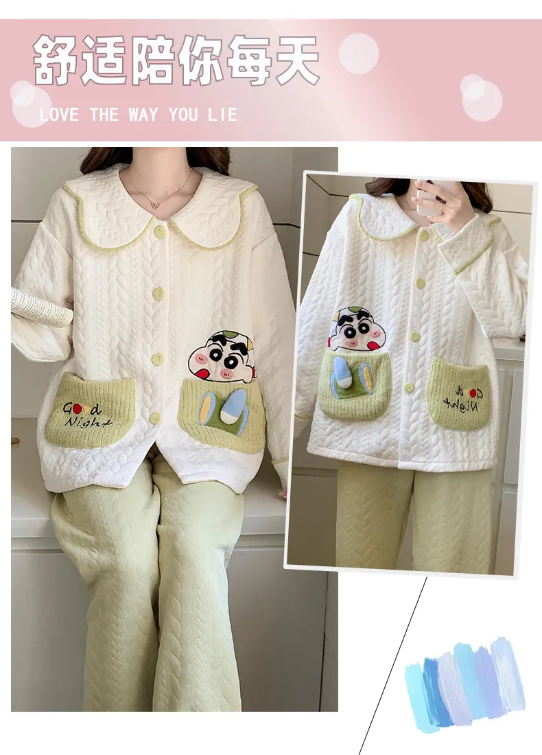 Autumn Winter Women's Pajamas Imitation Cotton Air Layer Round Neck Cardigan Cute Korean Style Print Loungewear Set · Wholesale · OEM · Worldwide Shipping - Detail 23