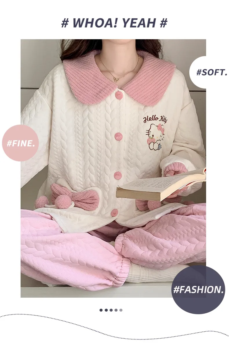 Autumn Winter Women's Pajamas Imitation Cotton Air Layer Round Neck Cardigan Cute Korean Style Print Loungewear Set · Wholesale · OEM · Worldwide Shipping - Detail 17