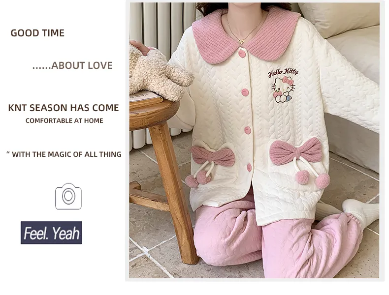 Autumn Winter Women's Pajamas Imitation Cotton Air Layer Round Neck Cardigan Cute Korean Style Print Loungewear Set · Wholesale · OEM · Worldwide Shipping - Detail 16