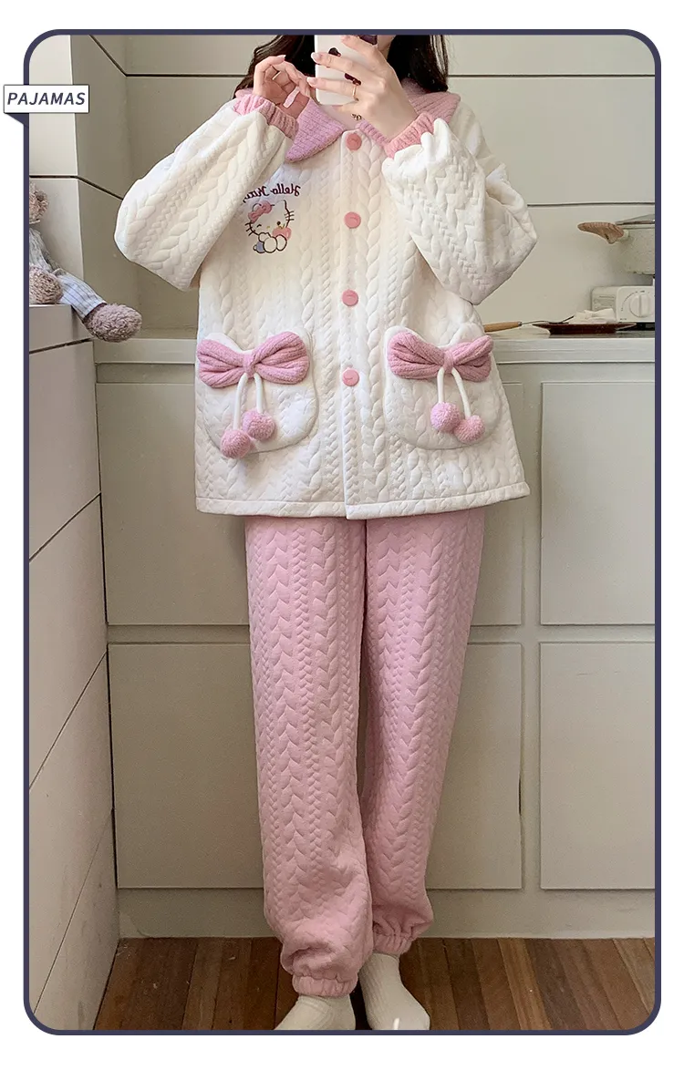 Autumn Winter Women's Pajamas Imitation Cotton Air Layer Round Neck Cardigan Cute Korean Style Print Loungewear Set · Wholesale · OEM · Worldwide Shipping - Detail 18