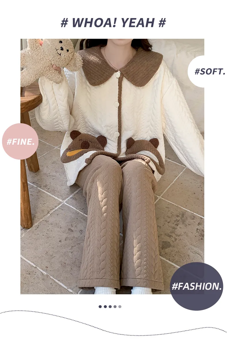 Autumn Winter Women's Pajamas Imitation Cotton Air Layer Round Neck Cardigan Cute Korean Style Print Loungewear Set · Wholesale · OEM · Worldwide Shipping - Detail 21
