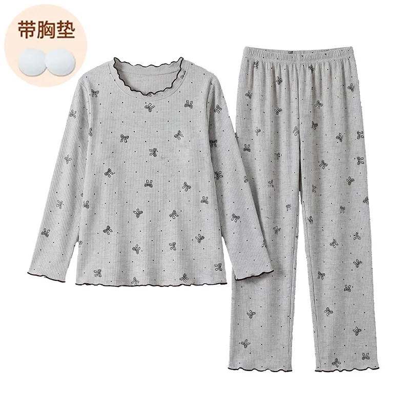Modal Viscose Fixed Chest Pad Autumn Pajamas Women Long Sleeve Round Neck Cute Wearable Outside Homewear · Wholesale · OEM · Worldwide Shipping - View 4