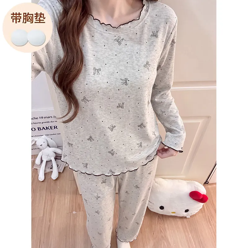 Modal Viscose Fixed Chest Pad Autumn Pajamas Women Long Sleeve Round Neck Cute Wearable Outside Homewear · Wholesale · OEM · Worldwide Shipping - View 2