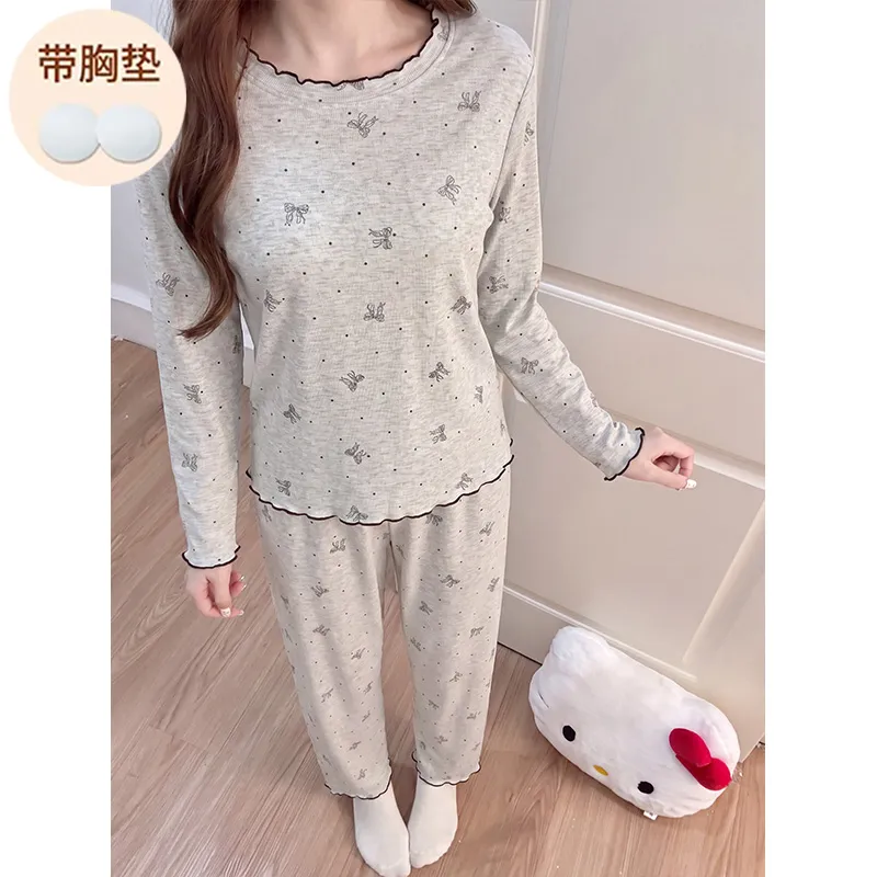 Modal Viscose Fixed Chest Pad Autumn Pajamas Women Long Sleeve Round Neck Cute Wearable Outside Homewear · Wholesale · OEM · Worldwide Shipping - View 1