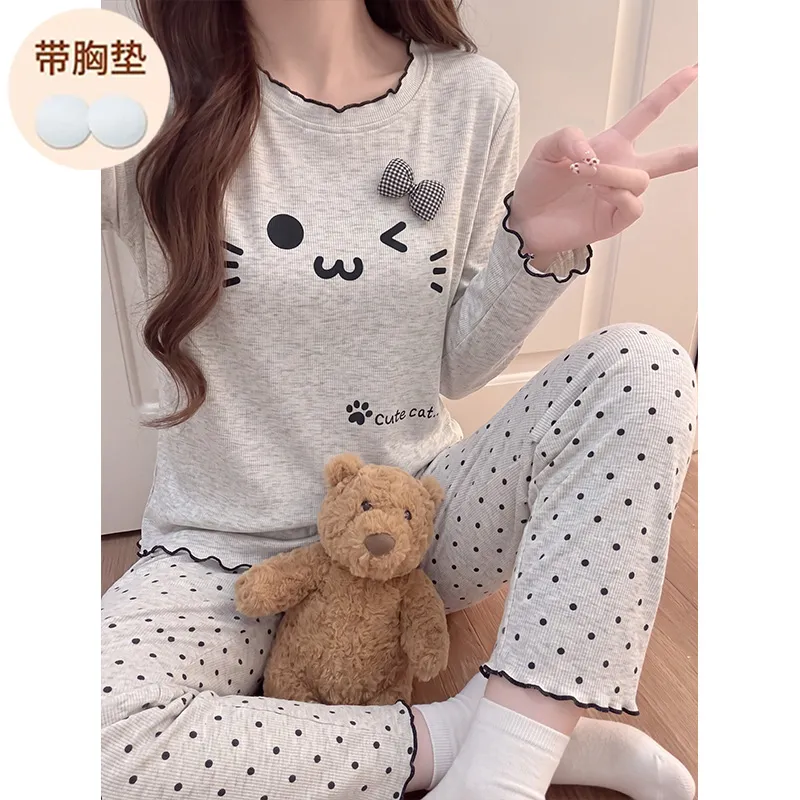Modal Viscose Fixed Chest Pad Autumn Pajamas Women Long Sleeve Round Neck Cute Outer Wear Loungewear · Wholesale · OEM · Worldwide Shipping