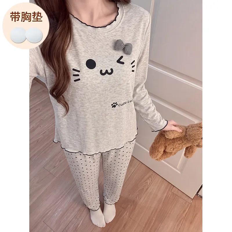 Modal Viscose Fixed Chest Pad Autumn Pajamas Women Long Sleeve Round Neck Cute Outer Wear Loungewear · Wholesale · OEM · Worldwide Shipping - View 1