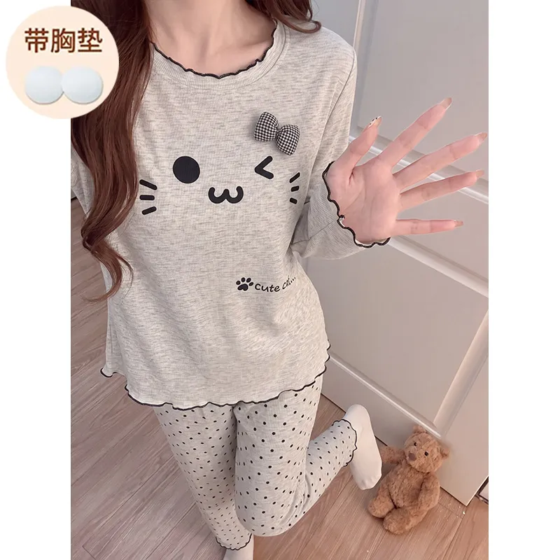 Modal Viscose Fixed Chest Pad Autumn Pajamas Women Long Sleeve Round Neck Cute Outer Wear Loungewear · Wholesale · OEM · Worldwide Shipping - View 3
