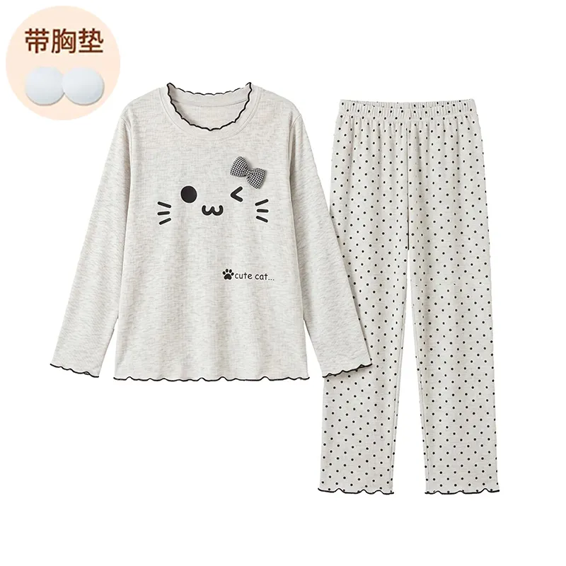Modal Viscose Fixed Chest Pad Autumn Pajamas Women Long Sleeve Round Neck Cute Outer Wear Loungewear · Wholesale · OEM · Worldwide Shipping - View 4