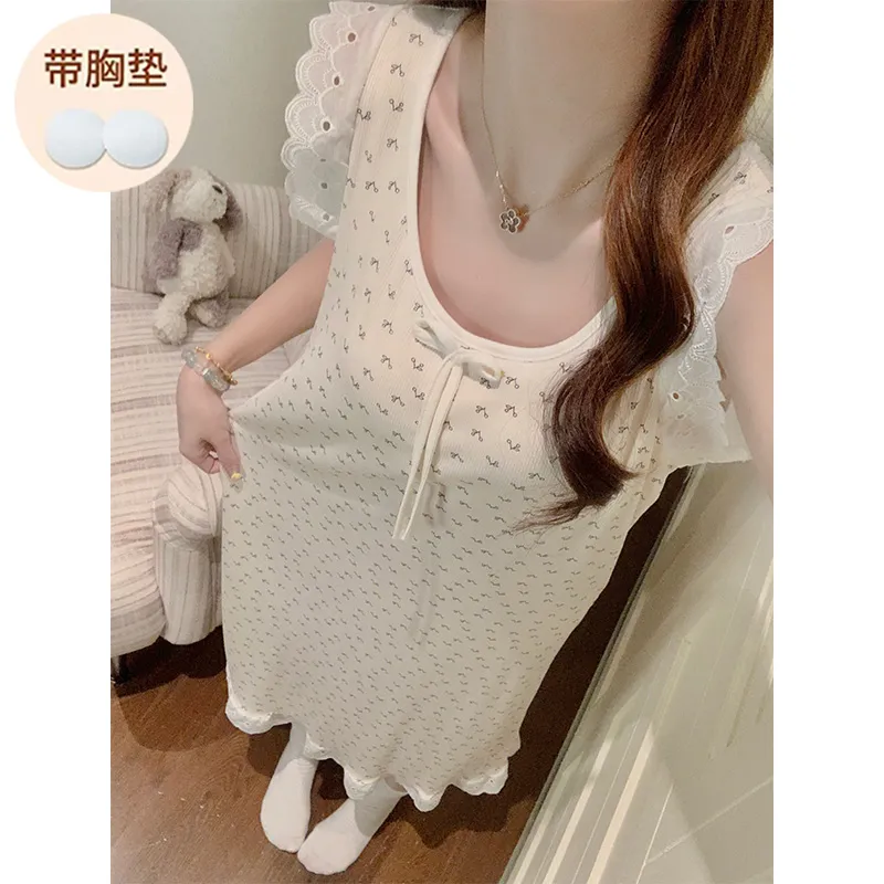 Modal Rayon Fixed Chest Pad Summer Vest Nightdress Women Lace Floral Wearable Outside Loungewear · Wholesale · OEM · Worldwide Shipping - View 1
