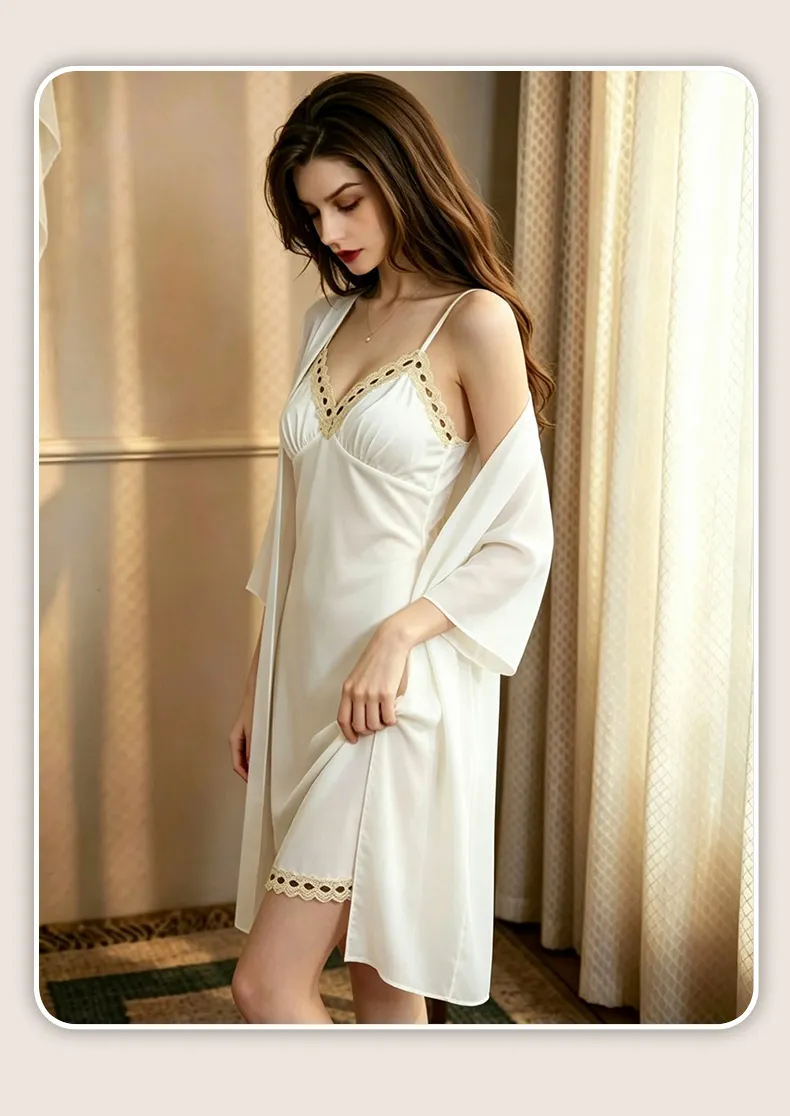 2026 New Women's Ice Silk Camisole Nightgown with Padding and Lace, Sexy Light Luxury Western-Style Premium Sleepwear · Wholesale · OEM · Worldwide Shipping - Detail 24