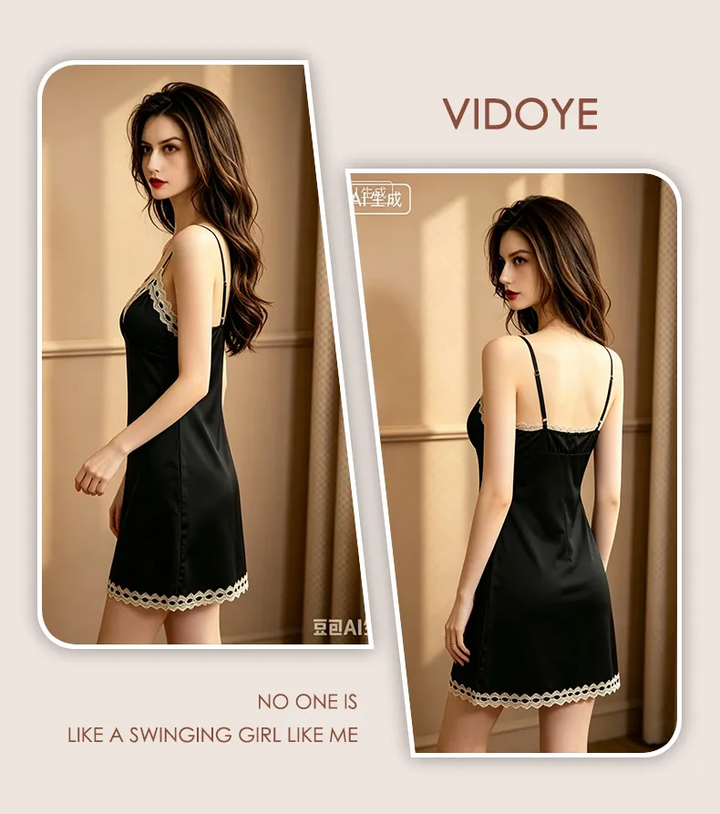 2026 New Women's Ice Silk Camisole Nightgown with Padding and Lace, Sexy Light Luxury Western-Style Premium Sleepwear · Wholesale · OEM · Worldwide Shipping - Detail 17