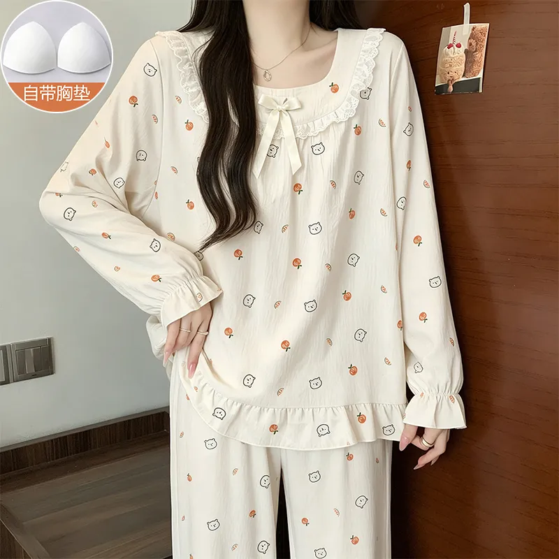 Spring Autumn New Arrival Padded Long-Sleeve Pajamas Girl Cloud Cotton Lace Princess Style Cute Sweet Loungewear · Wholesale · OEM · Worldwide Shipping