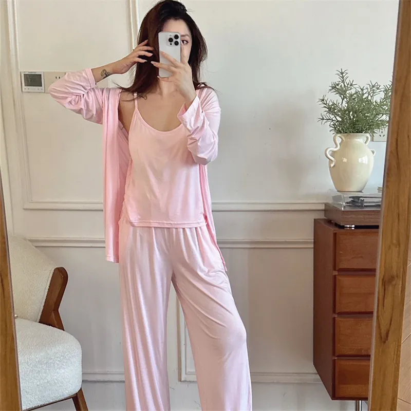 Spring Autumn Modal Pure Cotton Solid Pure Desire Style with Chest Pad Three-Piece Pajama Set Women Wearable Outside Homewear · Wholesale · OEM · Worldwide Shipping