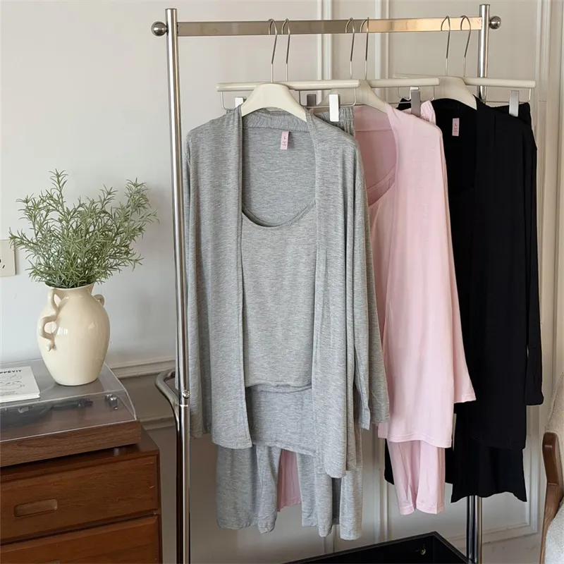 Douningt Rabbit Spring Autumn Modal Pure Cotton Solid Pure Desire Style with Chest Pad Three-Piece Pajama Set Women · Wholesale · OEM · Worldwide Shipping - View 4