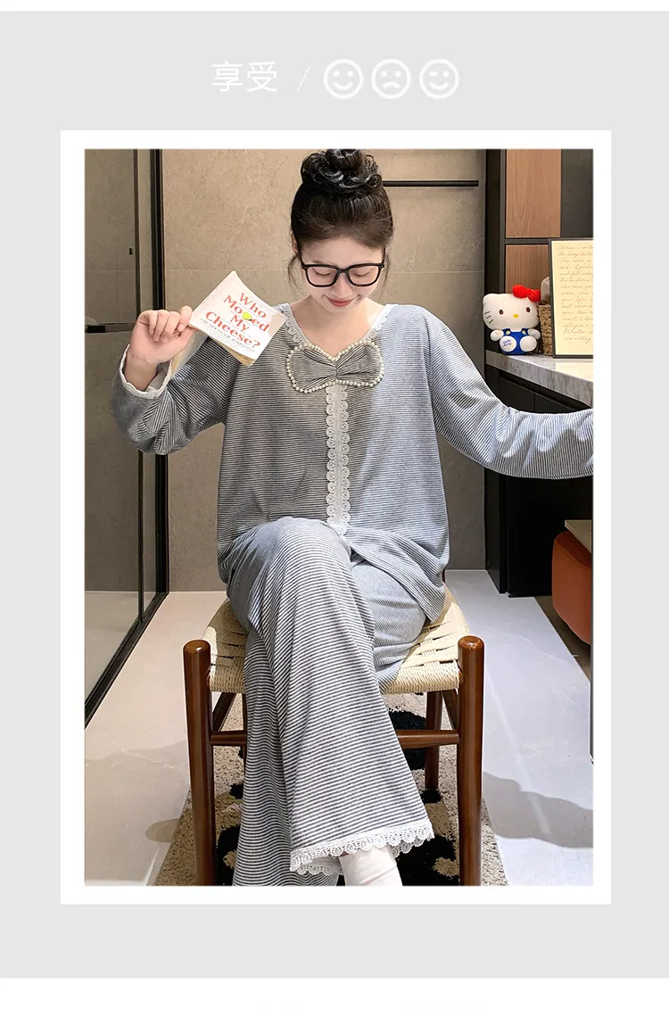 両面ナノストライプ220gパジャマ レディース 秋 甘い 長袖 長ズボン ゆったり 大きいサイズ 220斤 ぽっちゃりMM ルームウェア · 卸売 · OEM · 世界へ発送 - Detail 16