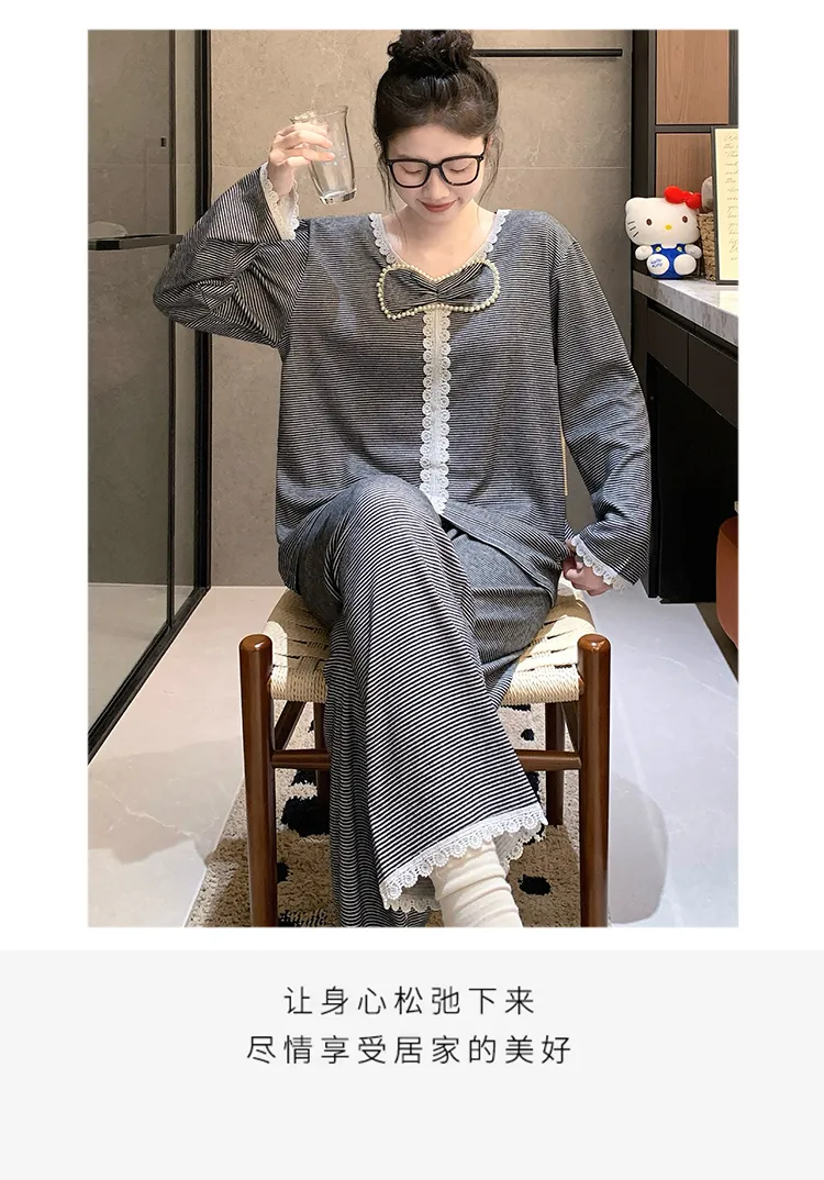 両面ナノストライプ220gパジャマ レディース 秋 甘い 長袖 長ズボン ゆったり 大きいサイズ 220斤 ぽっちゃりMM ルームウェア · 卸売 · OEM · 世界へ発送 - Detail 13
