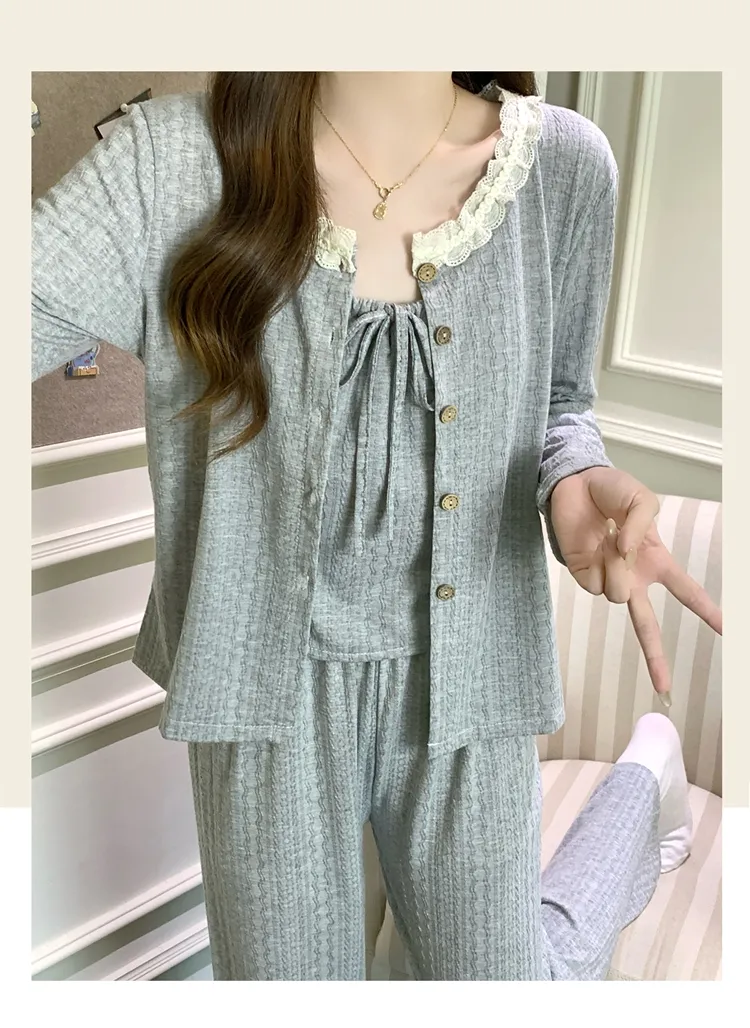 6535 Cotton Sleepwear Women's Spring/Autumn 3-Piece Set with Built-in Bra, Sweet Long Sleeve Long Pants Cardigan Loungewear · Wholesale · OEM · Worldwide Shipping - Detail 34