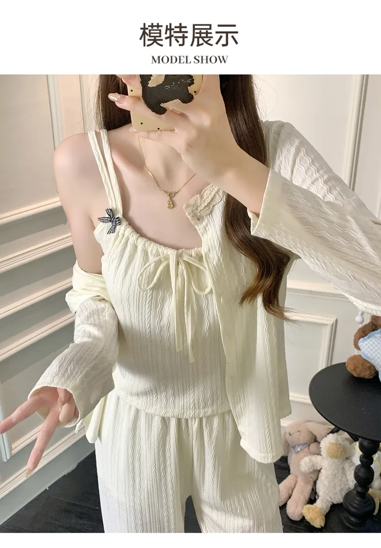 6535 Cotton Sleepwear Women's Spring/Autumn 3-Piece Set with Built-in Bra, Sweet Long Sleeve Long Pants Cardigan Loungewear · Wholesale · OEM · Worldwide Shipping - Detail 14