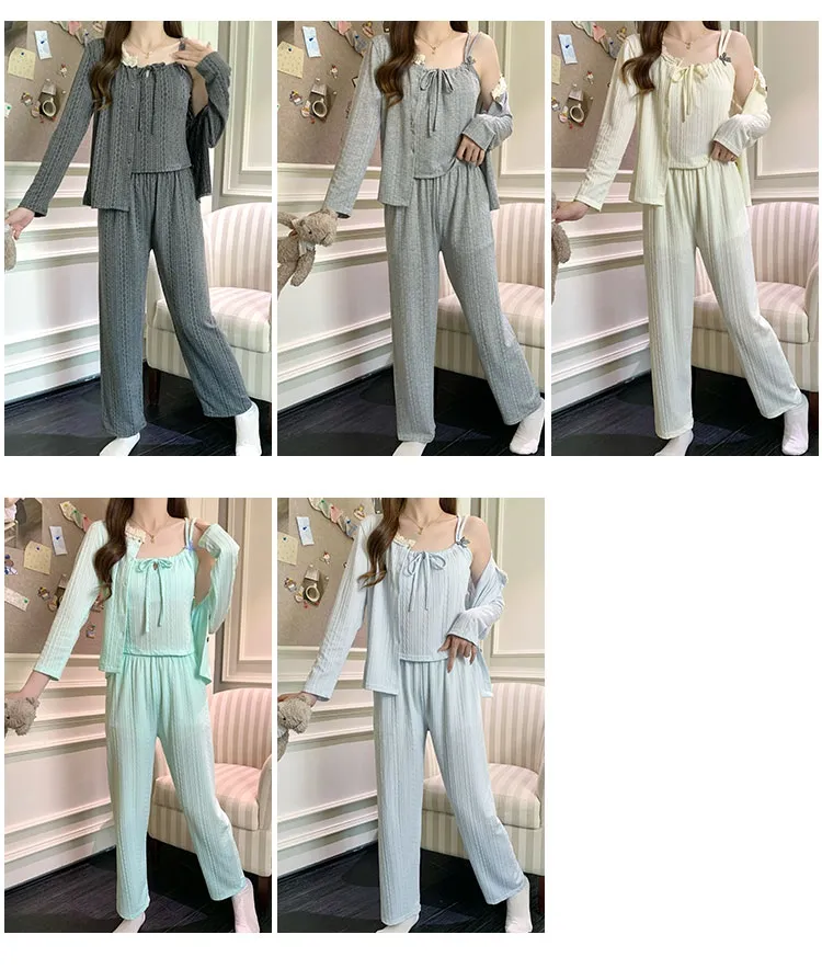 6535 Cotton Sleepwear Women's Spring/Autumn 3-Piece Set with Built-in Bra, Sweet Long Sleeve Long Pants Cardigan Loungewear · Wholesale · OEM · Worldwide Shipping - Detail 13