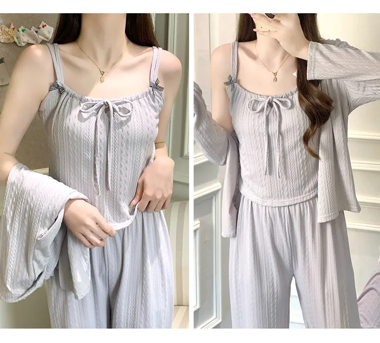 6535 Cotton Sleepwear Women's Spring/Autumn 3-Piece Set with Built-in Bra, Sweet Long Sleeve Long Pants Cardigan Loungewear · Wholesale · OEM · Worldwide Shipping - Detail 25