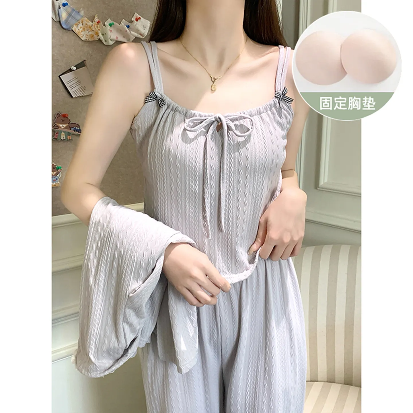 6535 Cotton Sleepwear Women's Spring/Autumn 3-Piece Set with Built-in Bra, Sweet Long Sleeve Long Pants Cardigan Loungewear · Wholesale · OEM · Worldwide Shipping - Detail 5