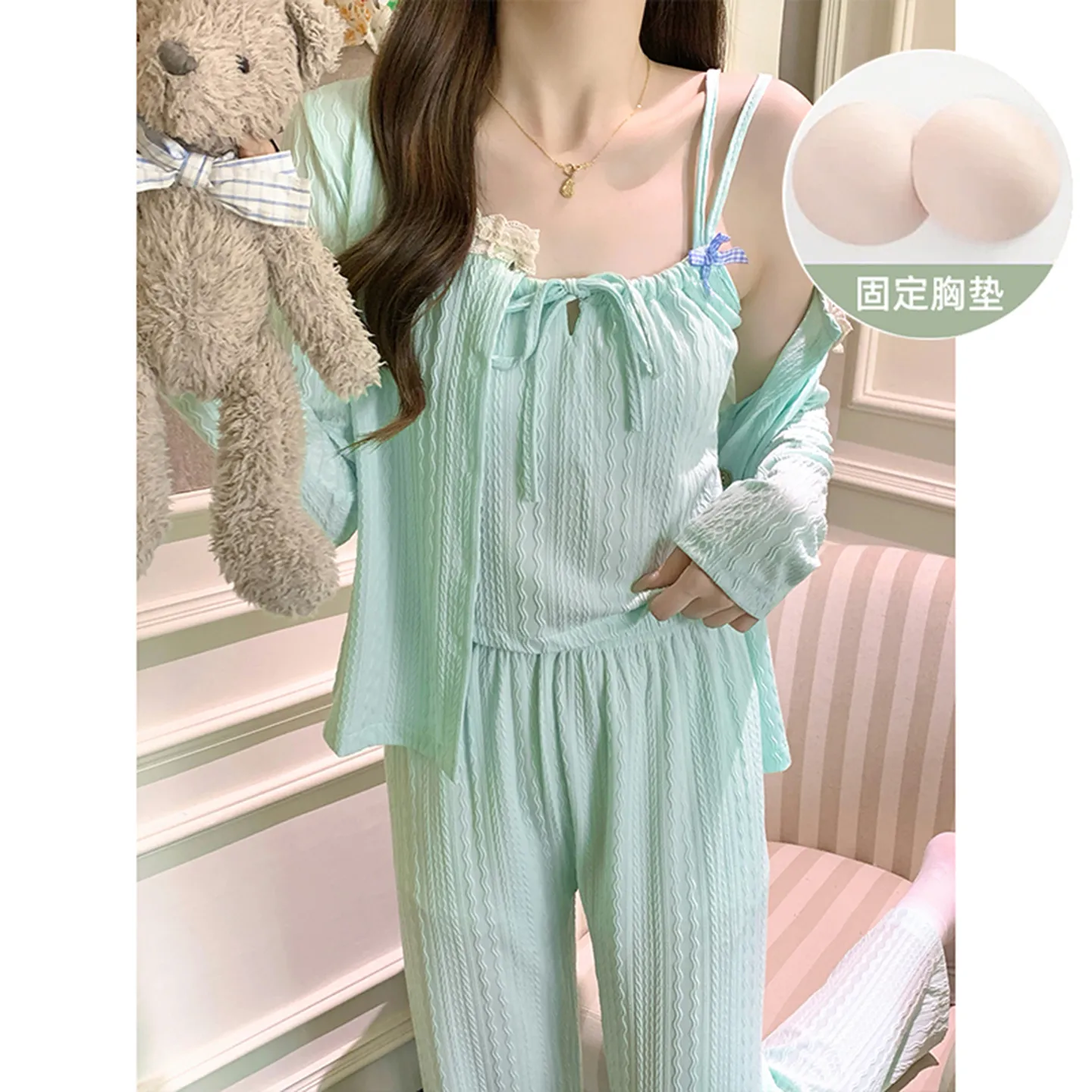 6535 Cotton Sleepwear Women's Spring/Autumn 3-Piece Set with Built-in Bra, Sweet Long Sleeve Long Pants Cardigan Loungewear · Wholesale · OEM · Worldwide Shipping - View 3