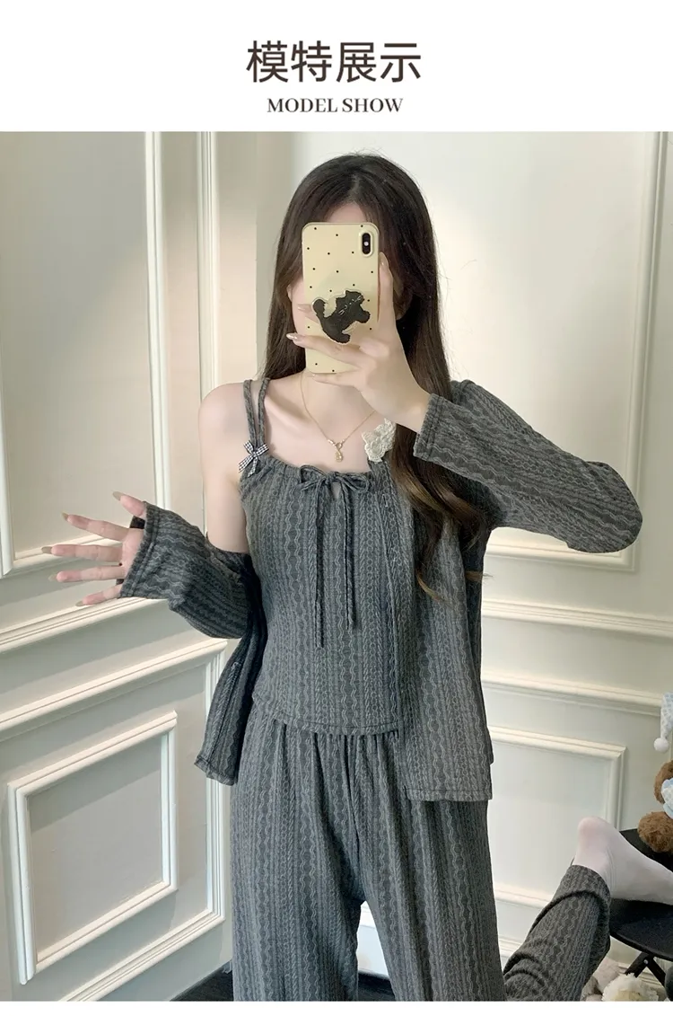 6535 Cotton Sleepwear Women's Spring/Autumn 3-Piece Set with Built-in Bra, Sweet Long Sleeve Long Pants Cardigan Loungewear · Wholesale · OEM · Worldwide Shipping - Detail 26