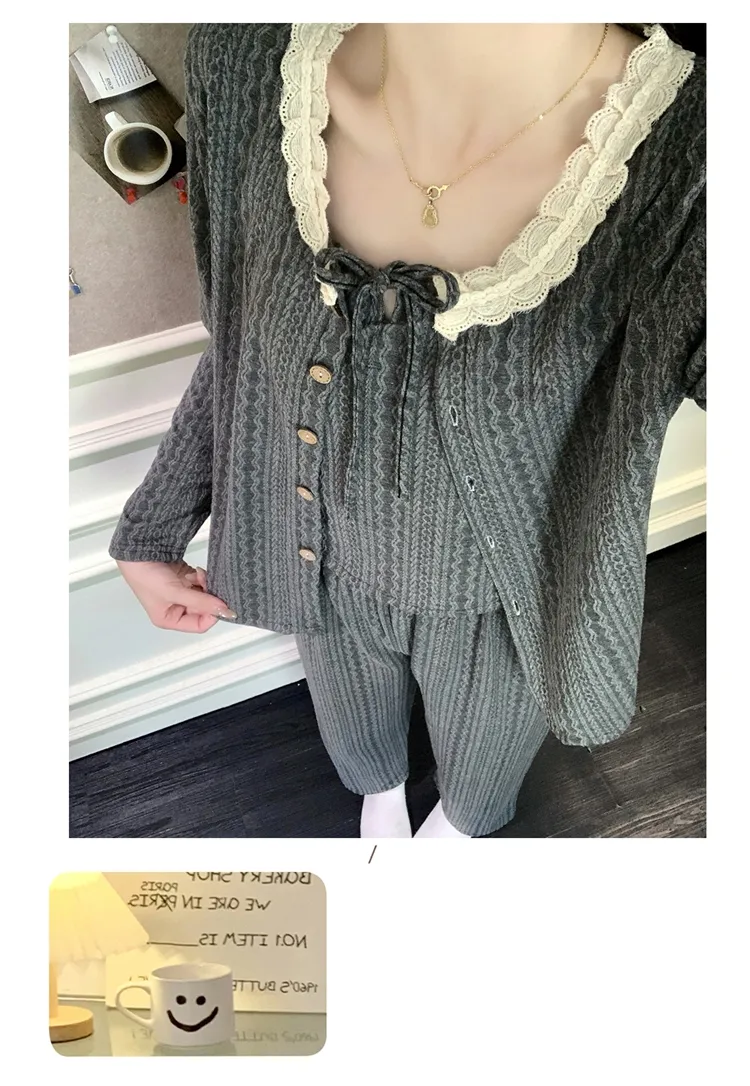 6535 Cotton Sleepwear Women's Spring/Autumn 3-Piece Set with Built-in Bra, Sweet Long Sleeve Long Pants Cardigan Loungewear · Wholesale · OEM · Worldwide Shipping - Detail 30
