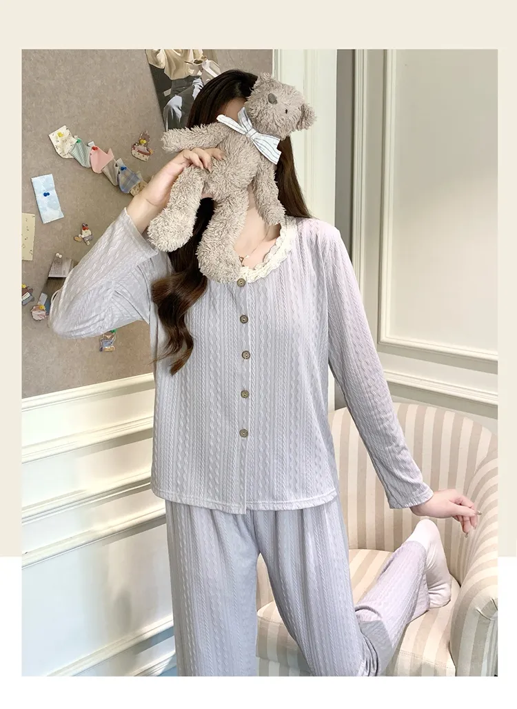 6535 Cotton Sleepwear Women's Spring/Autumn 3-Piece Set with Built-in Bra, Sweet Long Sleeve Long Pants Cardigan Loungewear · Wholesale · OEM · Worldwide Shipping - Detail 22