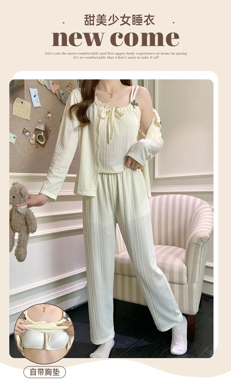 6535 Cotton Sleepwear Women's Spring/Autumn 3-Piece Set with Built-in Bra, Sweet Long Sleeve Long Pants Cardigan Loungewear · Wholesale · OEM · Worldwide Shipping - Detail 8