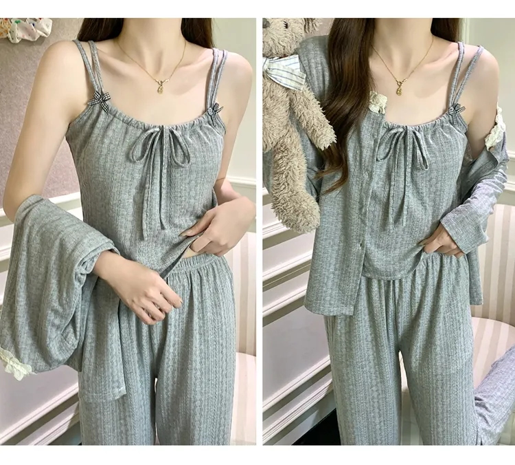 6535 Cotton Sleepwear Women's Spring/Autumn 3-Piece Set with Built-in Bra, Sweet Long Sleeve Long Pants Cardigan Loungewear · Wholesale · OEM · Worldwide Shipping - Detail 37
